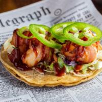 Bbq Bacon Wrapped Shrimp · Cherrywood bacon wrapped shrimp, coleslaw, jalapeno peppers, and smoque's BBQ sauce.