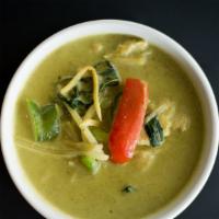 Green Curry · Made without gluten. Bamboo shoots, bell peppers, and basil cooked in spicy green, coconut m...