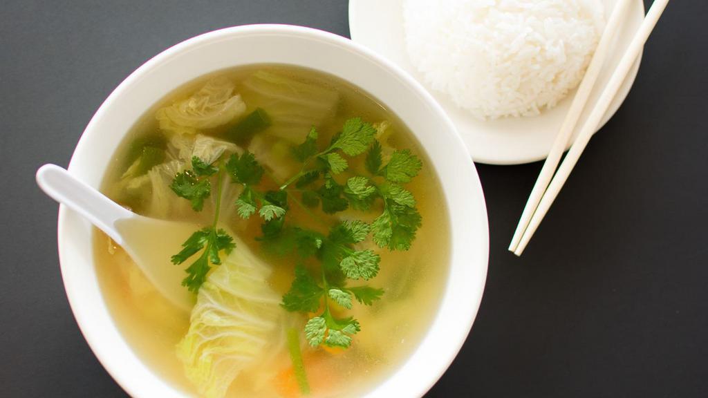 Tom Juet Soup · Made without gluten. Cabbage, carrots, cilantro, and green onions cooked in a simple yet tasty vegetable broth soup.