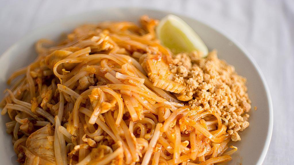Pad Thai · Stir fried rice noodles with egg, bean sprouts, and peanuts in classic Pad Thai sauce.