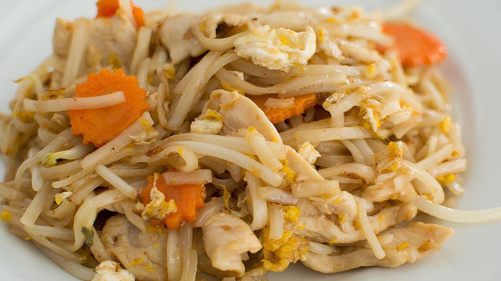 Chicken Noodle Stir-Fry · Stir-fried rice noodles with chicken, egg, bean sprouts, and carrots in a savory sauce.