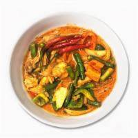 Red Curry* ツ · Bell peppers, onion, coconut milk and red curry paste. Served with steamed jasmine rice(Whit...