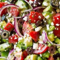 Greek Salad · Tomato, cucumber, Parsley, red onion, Kalamata olives, with Fetta cheese , with extra virgin...