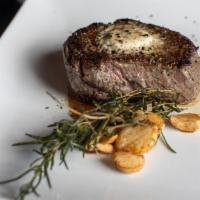 Prime Filet (6Oz) · Served with garlic smashed potatoes, haricots verts, herbed butter gluten free.