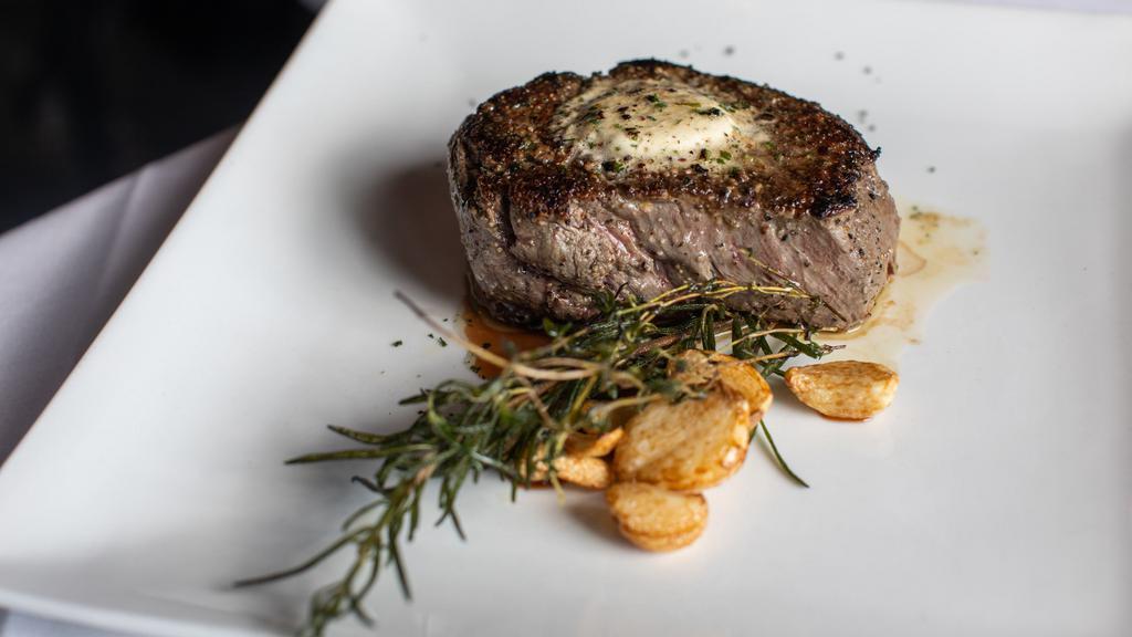 Prime Filet (6Oz) · Served with garlic smashed potatoes, haricots verts, herbed butter gluten free.