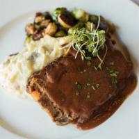 Prhyme Meatloaf · Homestyle meatloaf made with USDA Prime beef, prhyme steak sauce, smashed potatoes, bacon br...
