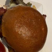 Prhyme Diner Burger · USDA Prime ground beef, pork belly, arugula & onions, cheddar, caramelized onions, fried egg...