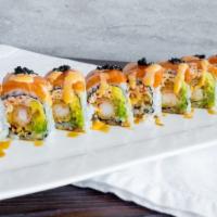 Tiger Roll · Shrimp tempura, crabmeat avocado. top salmon