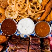 Dave’S Sampler Platter · Southside Rib Tips, Hand-Breaded Chicken Strips, Sweetwater Catfish Fingers, Onion Strings a...