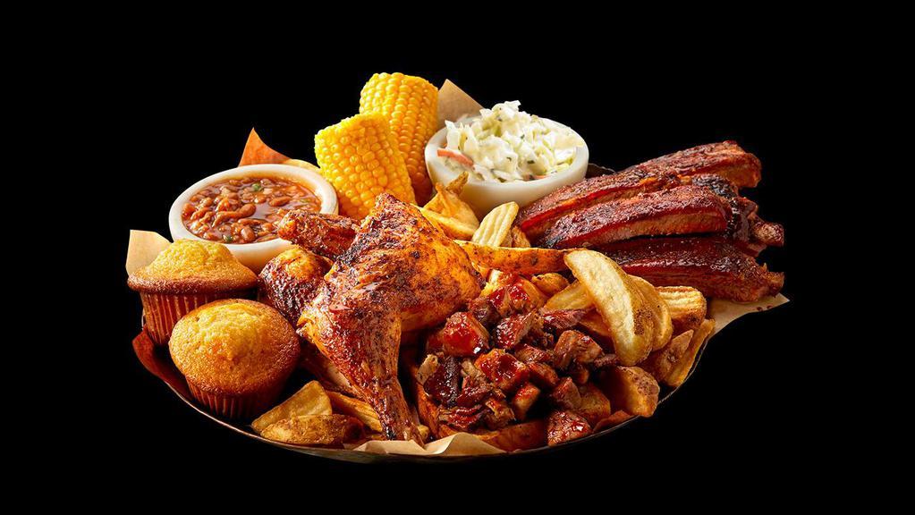 Feast For 2 · St. Louis-Style Spareribs, Country-Roasted Chicken, choice of Texas Beef Brisket or Georgia Chopped Pork, Creamy Coleslaw, Famous Fries, Wilbur Beans, Sweet Corn and Corn Bread Muffins. Serves 2-3 people. 4570/4610 Cal.