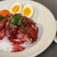 Honey Grazed Bbq Pork On The Rice · Classic street food in Thailand.  Our homemade BBQ pork, white rice, boiled egg tossed with ...
