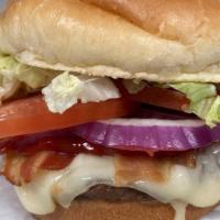 #8 Swiss Bacon Cheeseburger · (Mayo, Lettuce, Tomato, Bacon, Swiss Cheese, Ketchup, Red Onion)