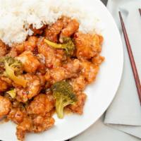 General Tso'S Chicken · Hot and spicy. Crispy chunks of chicken smothered in a sweet and hot brown sauce. Served wit...