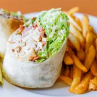 Chicken Blt Ranch Wrap · Cubed grilled chicken, bacon, lettuce & tomato drizzled with ranch dressing in a flour torti...