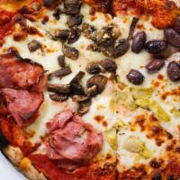 Quattro Stagioni · Quarter sections: artichoke, olives, mushrooms, ham* over mozzarella and tomato sauce