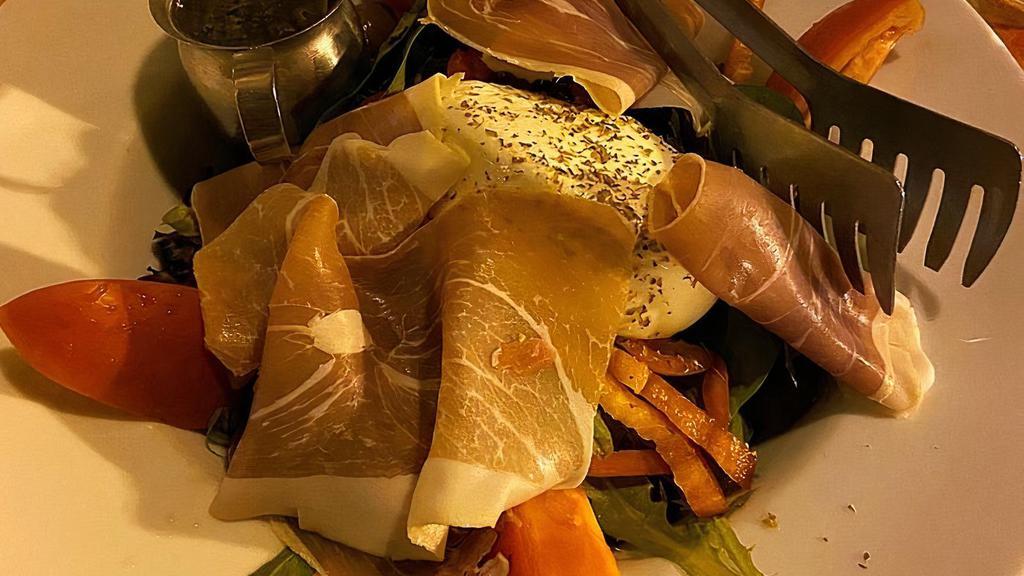 Prosciutto · Arugula salad with Prosciutto di Parma, mushrooms, olives, chick peas & pesto dressing topped with parmigiano