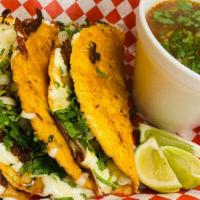 Tacos De Birria Combo · 3 hand made big  tortillas with cheese and a juicy shredded beef barbacoa cilantro& onions g...