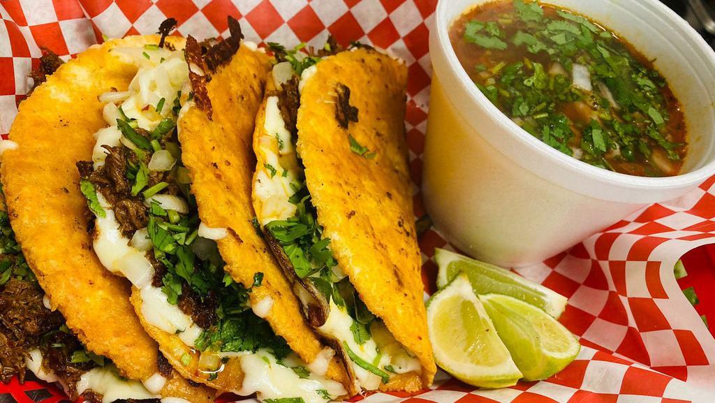 Tacos De Birria Combo · 3 hand made big  tortillas with cheese and a juicy shredded beef barbacoa cilantro& onions green or red salsa