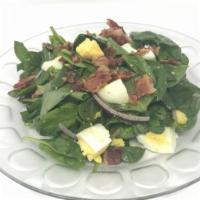 Spinach Salad · Bacon balsamic vinaigrette, chopped egg, and red onion.