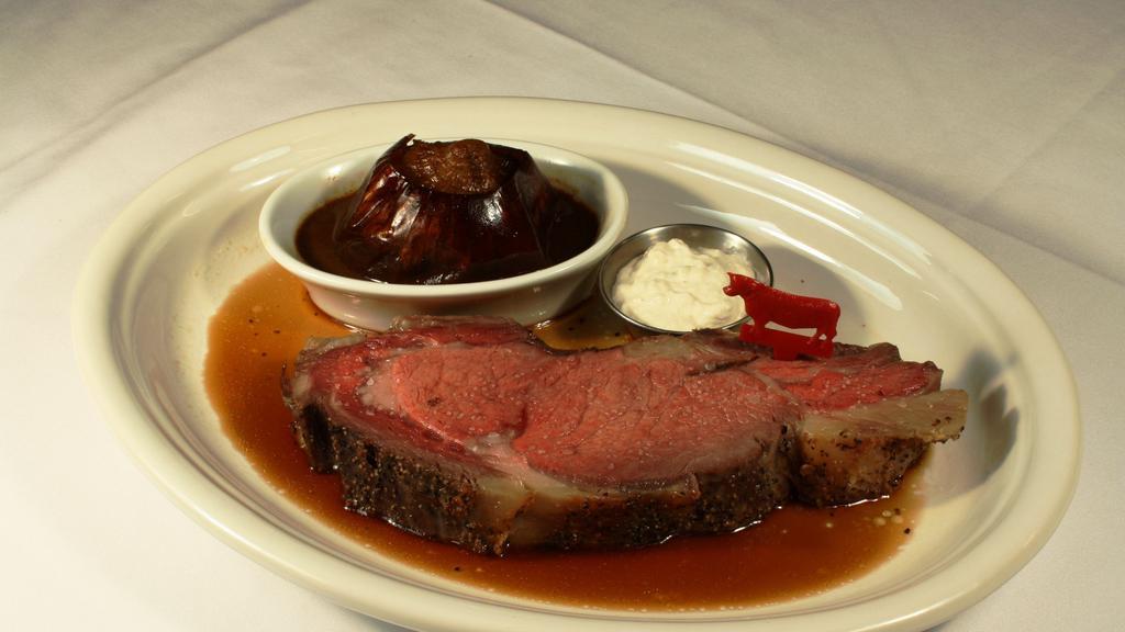 Gluten Free King Cut Prime Rib (16 Oz.) · Today's prime rib is slow roasted and prepared to a temperature of medium rare.  Served with au jus and horseradish cream.