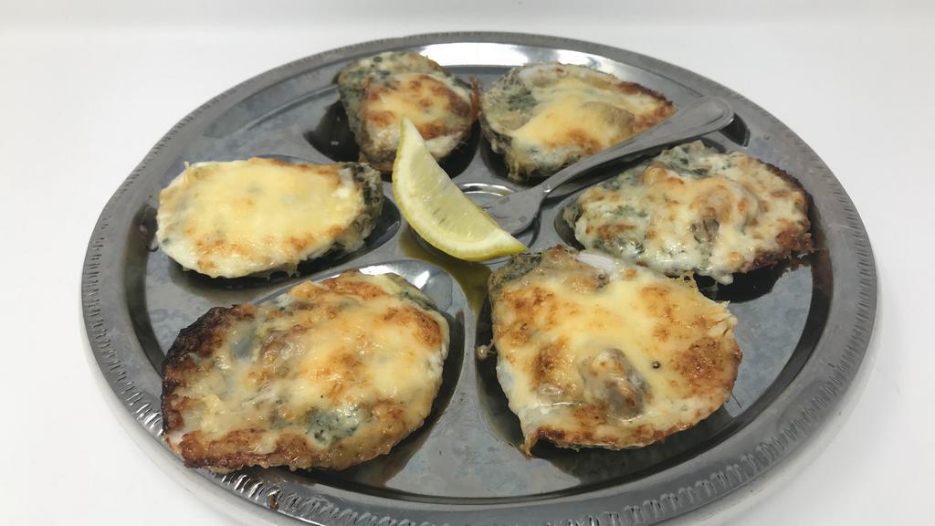 Baked Oysters Bingo (6 Pieces) · Creamed spinach, lemon garlic aioli, and parmesan.