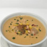 Lobster Bisque · Sweet corn fritter and maine lobster.