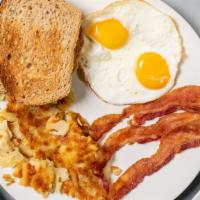 Two Eggs With Bacon, Sausage Links Or Patties, And Canadian Bacon · two eggs any style with bacon toast or pancakes with hash browns