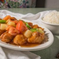 #6. Sweet & Sour Chicken · Choice of egg roll or cream cheese puffs.