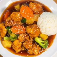 Sesame Chicken · Made with halal chicken. Battered crispy chicken broccoli, carrot, pineapple, tangy sweet an...