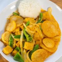 Potato Curry · Gluten-free. Fried potato, onion, bell pepper, red coconut curry sauce. Served with a scoop ...
