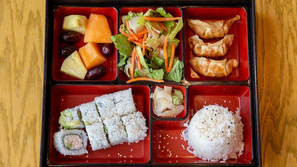 Bento Box · Seasonal fruit, salad, steamed rice and choice of protein