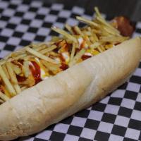 Boojy Dog · 1/4 lb. PLUS Beef hot dog, cheese sauce, ketchup, mayo, mustard, shoe string chips.