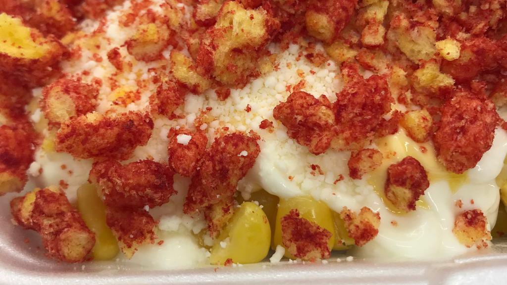Elote With Hot Cheetos (Small) · Corn in a cup topped with mayonnaise, cheese, butter and crushed cheetos. Chile powder optional.