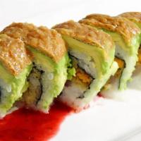Bam Bam Roll (Vegetarian) · Inside:  A “kakiage” of roughly cut tempura’d veggies—(sweet potatoes, 	asparagus, jalapenos...