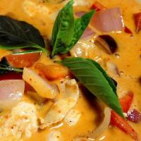 Red Curry · Amazingly rich and bold. Red curry coconut milk sauce with bell peppers, bamboo shoots and T...