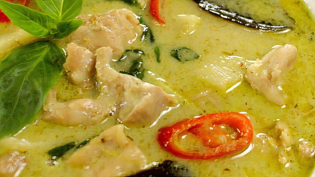 Green Curry · Peas, green beans, bell peppers and Thai basil tossed with green curry coconut milk sauce.