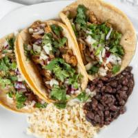 Blue Tacos · 3 Tacos, Choice of Protein, Cilantro, Onions and Salsa Verde W/choice of Side