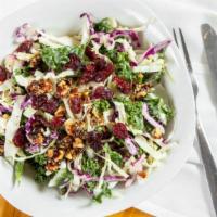 Kale & Cabbage Salad · With cilantro candied walnuts and dried cranberries tossed in poppy seed dressing.