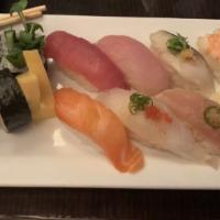 Deluxe Platter · 10 pieces chef's choice nigiri, served with miso soup and green salad, with maki of your cho...