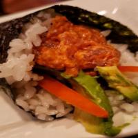 Spicy Tuna Roll · Chopped tuna, spicy chili oil, leaf lettuce, Japanese mayo, burdock, radish sprouts, and avo...