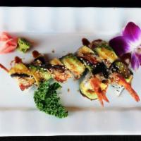 Dragon Roll · Inside: Shrimp tempura, cucumber, and spicy mayo outside: unagi, avocado, unagi sauce, and s...
