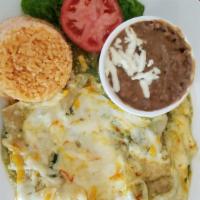 Enchiladas Verdes · Three corn tortillas filled with cheese, onions and topped with melted cheese, covered with ...