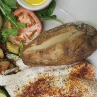 Baked Cod · Fine Icelandic cod lightly seasoned with lemon butter sauce. Served with baked potato, coles...