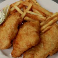 Friday Only Fish Fry (3 Pc) · Three  fresh hand battered Icelandic cod fillets. Served choice of potato-cakes, french frie...