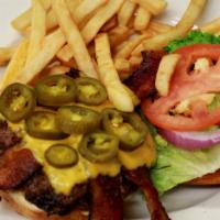 Jalapeño Cheeseburger · 1/2 lb hamburger patty with cheddar cheese, tomatoes, onions, lettuce, jalapenos and french ...