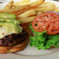 California Burger · 1/2 lb hamburger patty topped with pepper jack cheese, avocado, tomatoes, red onions, lettuc...