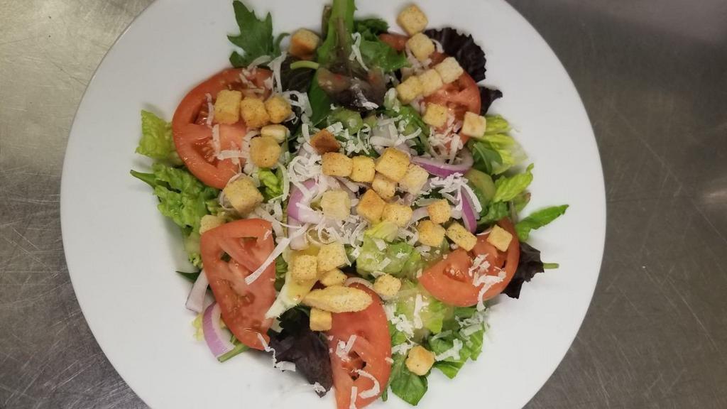 Tuscan Spring Mix Salad · Tuscan spring mix, romaine lettuce, tomatoes, red onions, parmesan cheese, croutons. Italian dressing.