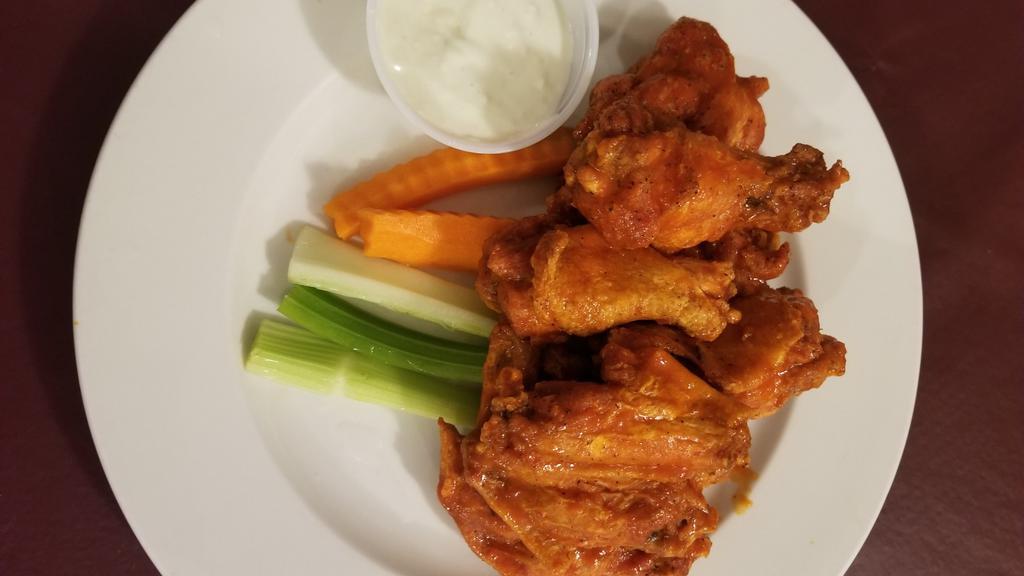 Chicken Wings (10 Pc) · Mild, hot, thai chili, honey BBQ or BBQ, served with celery and carrot sticks, ranch or bleu cheese.