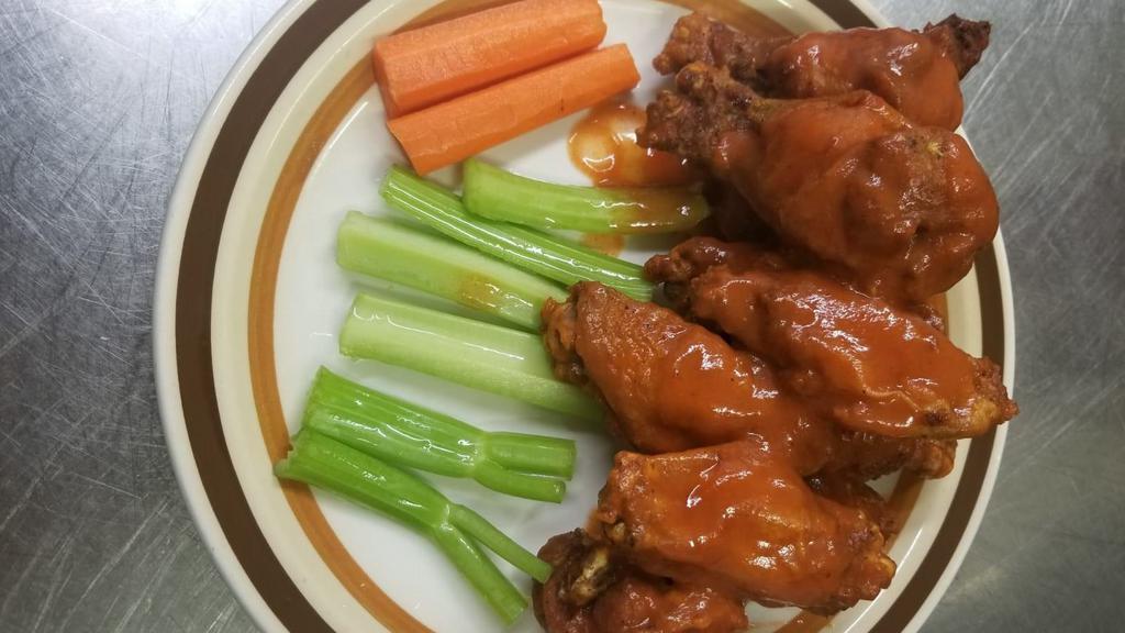 Chicken Wings (6 Pc) · Mild, hot, thai chili, honey BBQ or BBQ, served with celery and carrot sticks, ranch or bleu cheese.