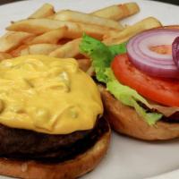 Kid'S Cheeseburger · CheeseBurger – American cheese, brioche toasted bun, mayo, lettuce, tomato, pickles and fren...
